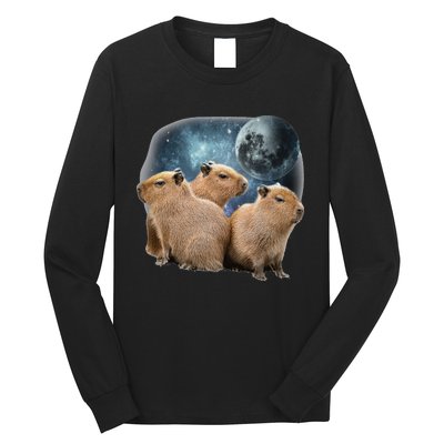 Three Capybaras And Moon Funny Capybara Humor Parody Long Sleeve Shirt