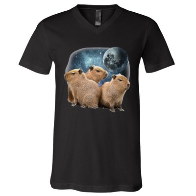 Three Capybaras And Moon Funny Capybara Humor Parody V-Neck T-Shirt