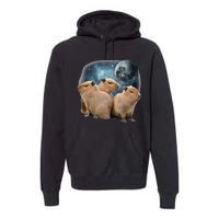 Three Capybaras And Moon Funny Capybara Humor Parody Premium Hoodie