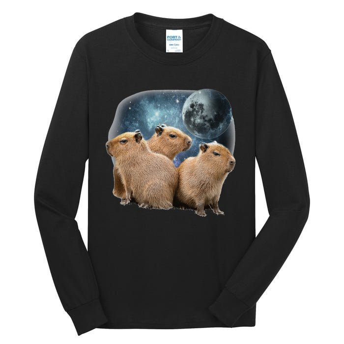 Three Capybaras And Moon Funny Capybara Humor Parody Tall Long Sleeve T-Shirt