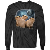 Three Capybaras And Moon Funny Capybara Humor Parody Tie-Dye Long Sleeve Shirt