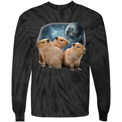 Three Capybaras And Moon Funny Capybara Humor Parody Tie-Dye Long Sleeve Shirt