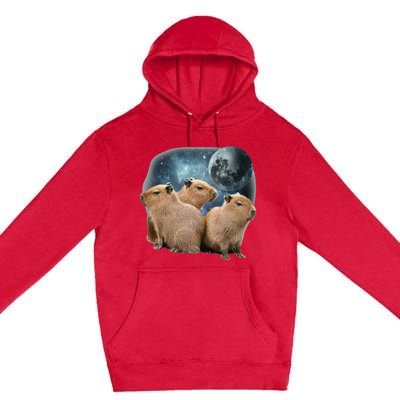 Three Capybaras And Moon Funny Capybara Humor Parody Premium Pullover Hoodie