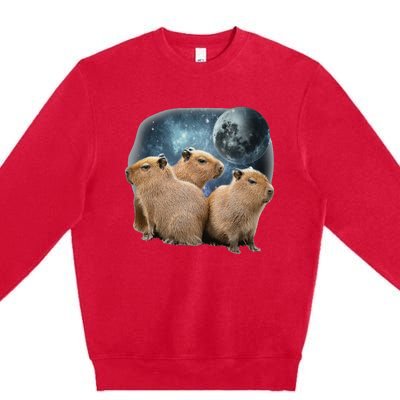 Three Capybaras And Moon Funny Capybara Humor Parody Premium Crewneck Sweatshirt