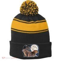 Three Capybaras And Moon Funny Capybara Humor Parody Stripe Pom Pom Beanie