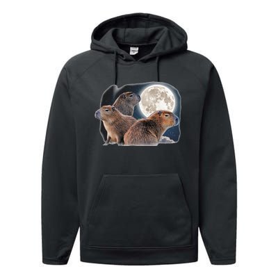 Three Capybaras And Moon Funny Capybara Humor Parody Performance Fleece Hoodie