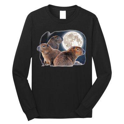 Three Capybaras And Moon Funny Capybara Humor Parody Long Sleeve Shirt