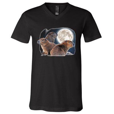 Three Capybaras And Moon Funny Capybara Humor Parody V-Neck T-Shirt