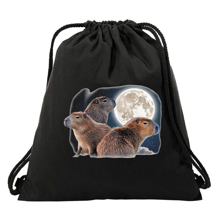 Three Capybaras And Moon Funny Capybara Humor Parody Drawstring Bag