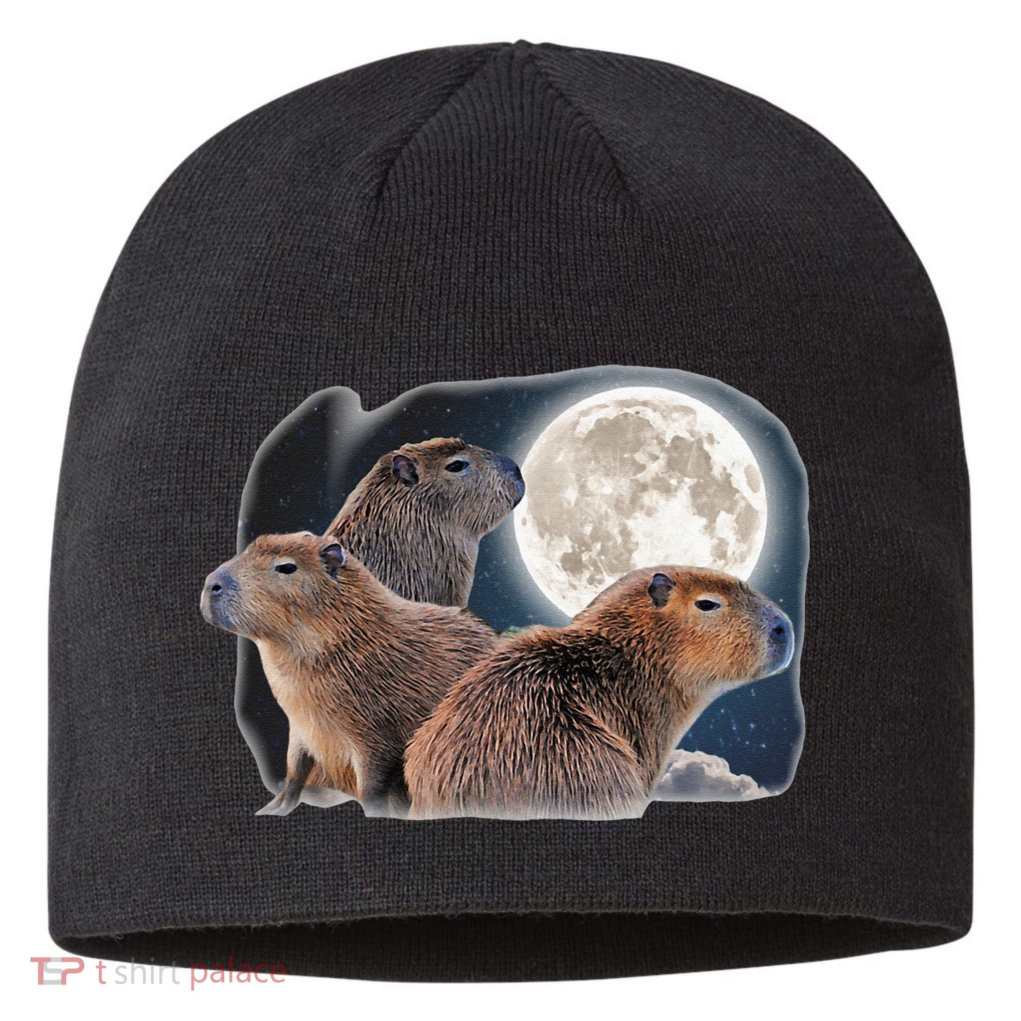 Three Capybaras And Moon Funny Capybara Humor Parody Sustainable Beanie