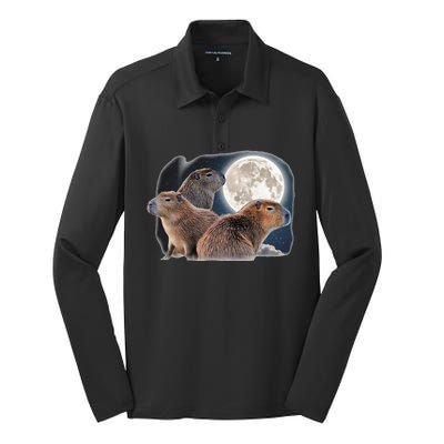 Three Capybaras And Moon Funny Capybara Humor Parody Silk Touch Performance Long Sleeve Polo