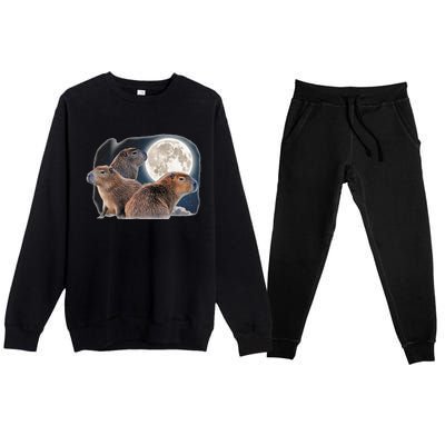 Three Capybaras And Moon Funny Capybara Humor Parody Premium Crewneck Sweatsuit Set