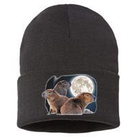 Three Capybaras And Moon Funny Capybara Humor Parody Sustainable Knit Beanie