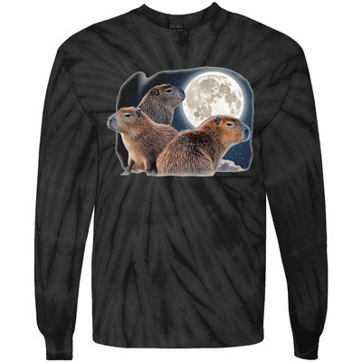 Three Capybaras And Moon Funny Capybara Humor Parody Tie-Dye Long Sleeve Shirt