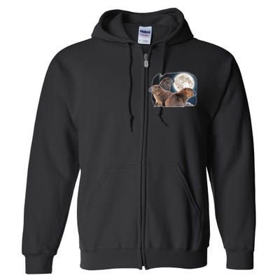 Three Capybaras And Moon Funny Capybara Humor Parody Full Zip Hoodie