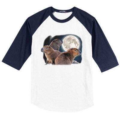 Three Capybaras And Moon Funny Capybara Humor Parody Baseball Sleeve Shirt