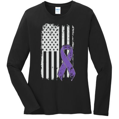 Testicular Cancer Awareness Vintage USA American Flag Ladies Long Sleeve Shirt