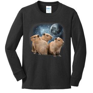 Three Capybaras And Moon Funny Capybara Humor Parody Kids Long Sleeve Shirt