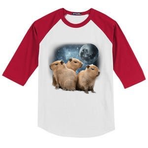 Three Capybaras And Moon Funny Capybara Humor Parody Kids Colorblock Raglan Jersey