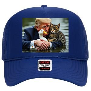 Trump Cat And Duck Memes Christmas Halloween Vote Sign High Crown Mesh Back Trucker Hat