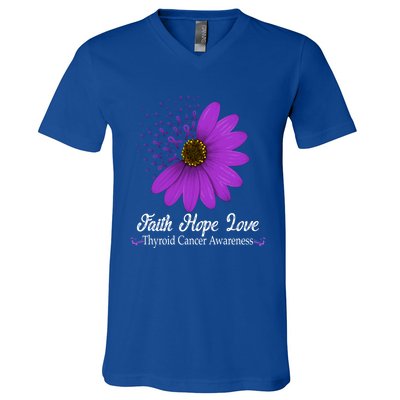 Thyroid Cancer Awareness Faith Hope Love Purple Ribbon Gift V-Neck T-Shirt