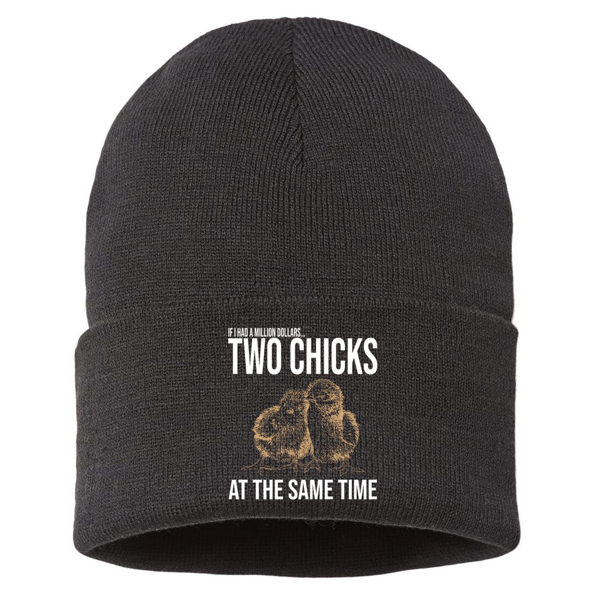 Two Chicks At The Same Time Funny Sustainable Knit Beanie