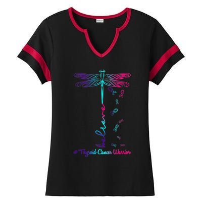 Thyroid Cancer Awareness Warrior Dragonfly Believe Hope Gift Ladies Halftime Notch Neck Tee