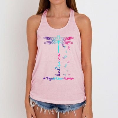 Thyroid Cancer Awareness Warrior Dragonfly Believe Hope Gift Women's Knotted Racerback Tank