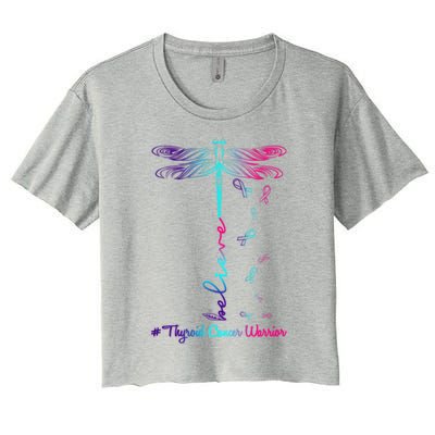 Thyroid Cancer Awareness Warrior Dragonfly Believe Hope Gift Women's Crop Top Tee