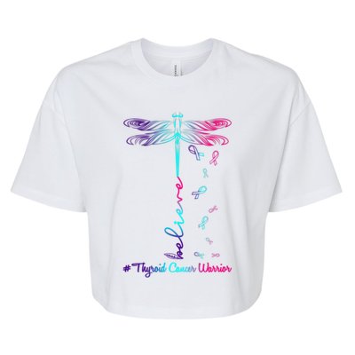 Thyroid Cancer Awareness Warrior Dragonfly Believe Hope Gift Bella+Canvas Jersey Crop Tee