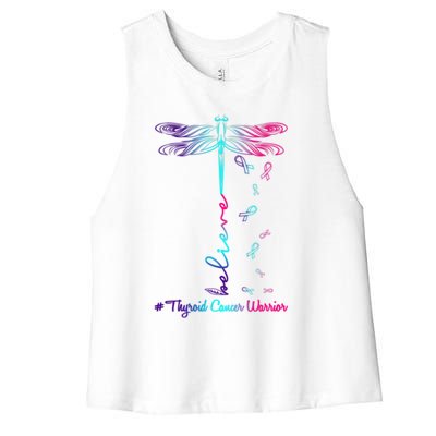 Thyroid Cancer Awareness Warrior Dragonfly Believe Hope Gift Women's Racerback Cropped Tank