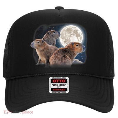 Three Capybaras And Moon Funny Capybara Humor Parody High Crown Mesh Back Trucker Hat