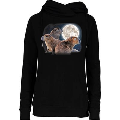 Three Capybaras And Moon Funny Capybara Humor Parody Womens Funnel Neck Pullover Hood