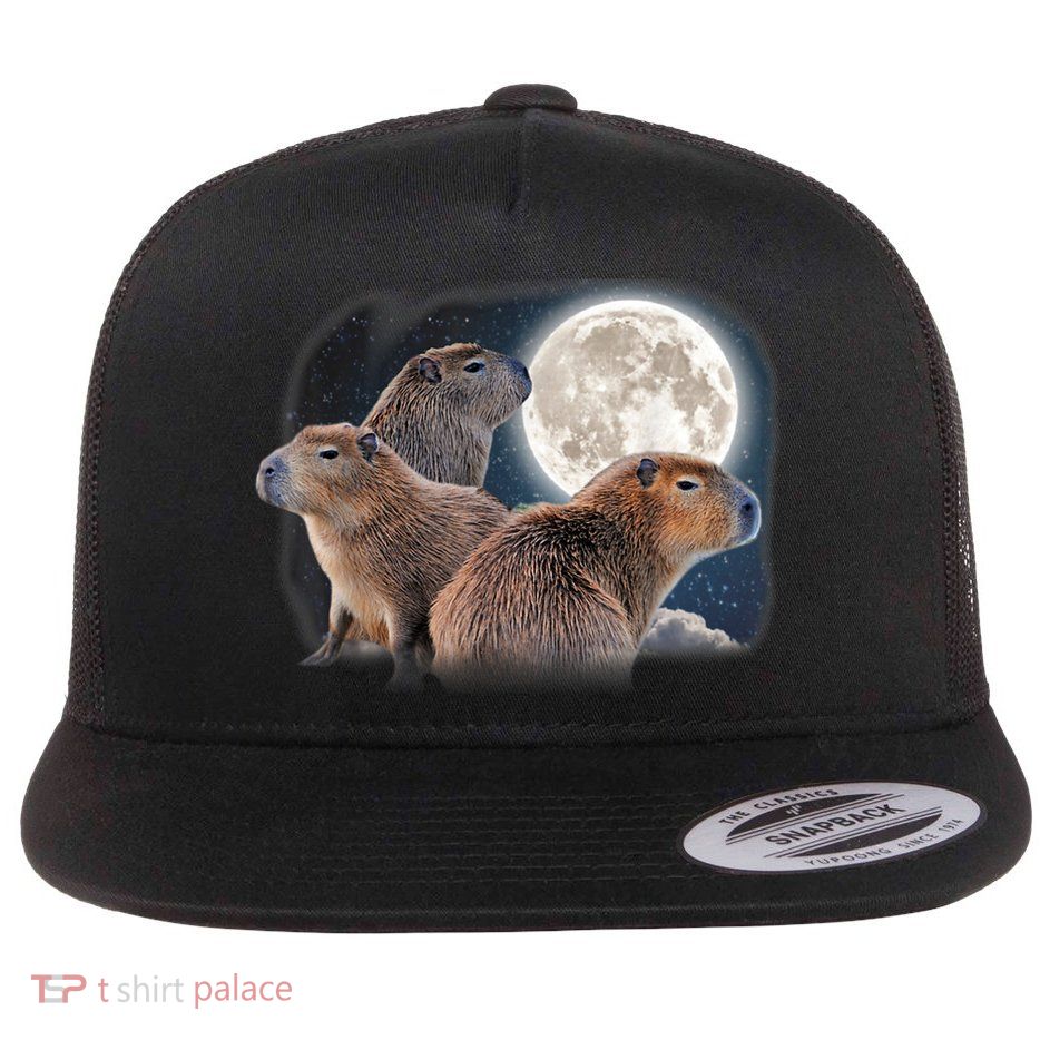 Three Capybaras And Moon Funny Capybara Humor Parody Flatbill Hat