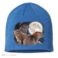 Three Capybaras And Moon Funny Capybara Humor Parody Sustainable Beanie