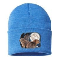 Three Capybaras And Moon Funny Capybara Humor Parody Sustainable Knit Beanie