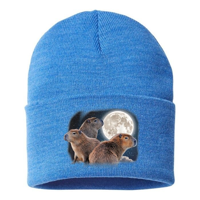 Three Capybaras And Moon Funny Capybara Humor Parody Sustainable Knit Beanie