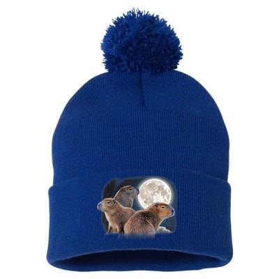 Three Capybaras And Moon Funny Capybara Humor Parody Pom Pom 12in Knit Beanie