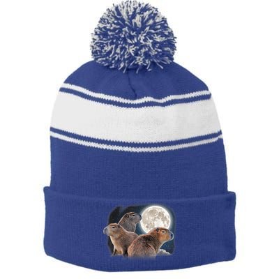Three Capybaras And Moon Funny Capybara Humor Parody Stripe Pom Pom Beanie