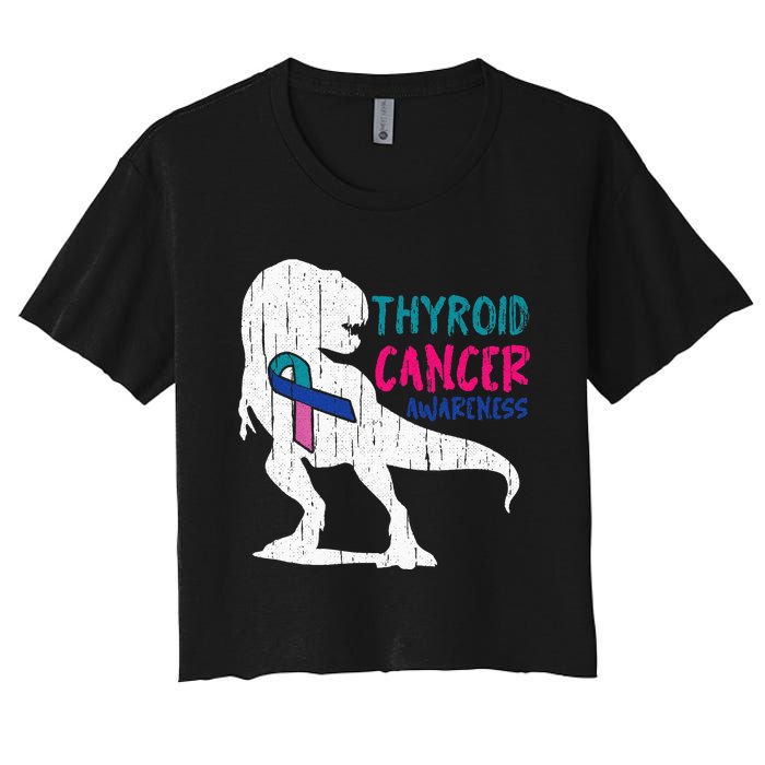 Thyroid Cancer Awareness Cool TRex Warrior Survivor Fighter Women's Crop Top Tee