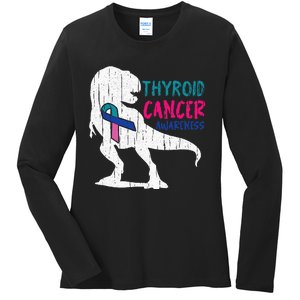 Thyroid Cancer Awareness Cool TRex Warrior Survivor Fighter Ladies Long Sleeve Shirt