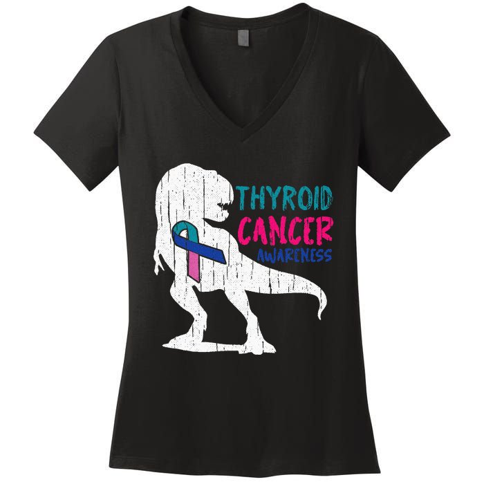 Thyroid Cancer Awareness Cool TRex Warrior Survivor Fighter Women's V-Neck T-Shirt