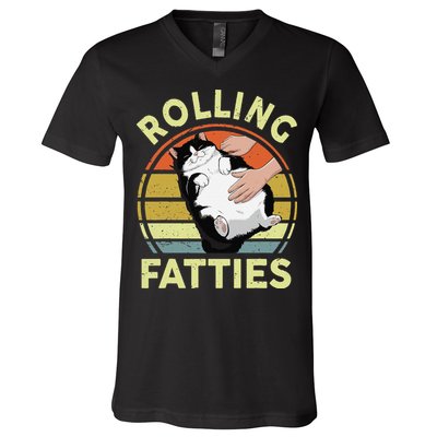 Tuxedo Cat Breed Rolling Fatties Funny Mom Dad Kitten Retro V-Neck T-Shirt
