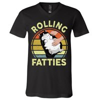 Tuxedo Cat Breed Rolling Fatties Funny Mom Dad Kitten Retro V-Neck T-Shirt