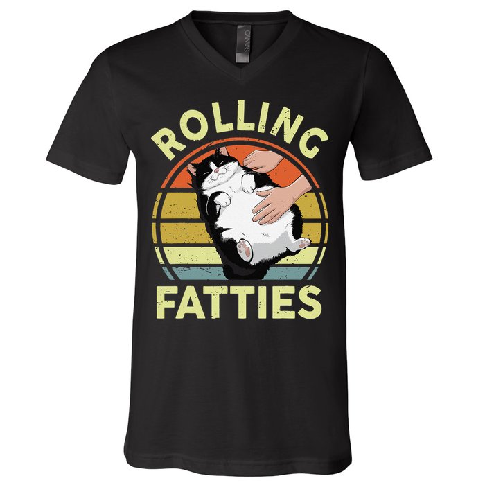 Tuxedo Cat Breed Rolling Fatties Funny Mom Dad Kitten Retro V-Neck T-Shirt