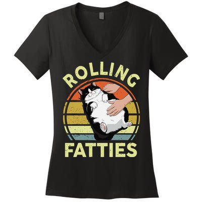 Tuxedo Cat Breed Rolling Fatties Funny Mom Dad Kitten Retro Women's V-Neck T-Shirt