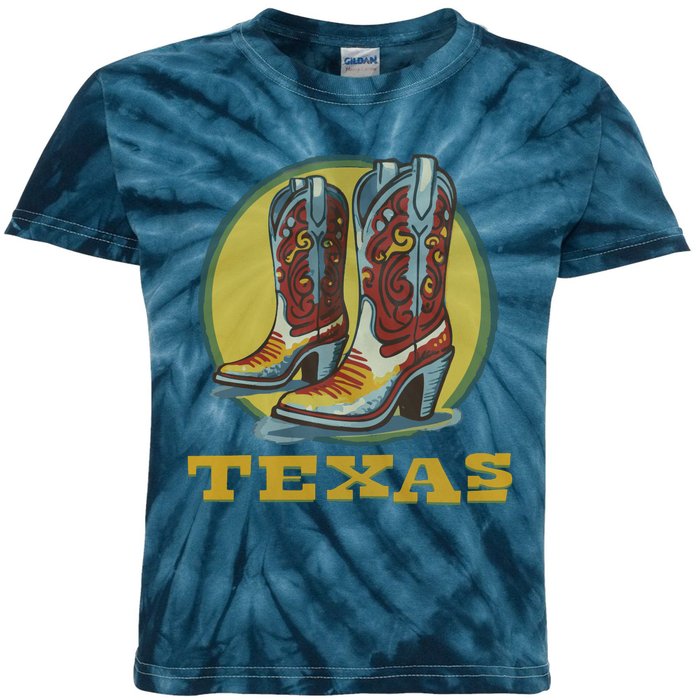 Texas Cowboy BootsVintage Kids Tie-Dye T-Shirt