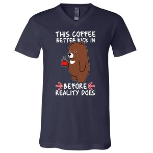 This Coffee Better Kick In Before Reality Does Stressed Coffee Bear V-Neck T-Shirt