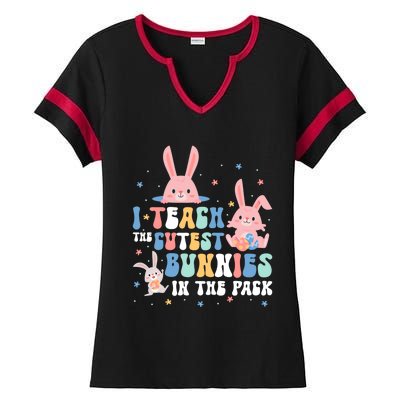 Teach Cutest Bunnies Easter Preschool Kindergarten Teacher Gift Ladies Halftime Notch Neck Tee