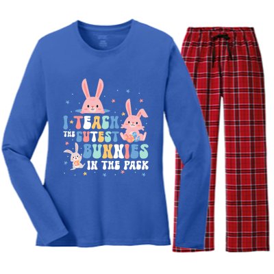 Teach Cutest Bunnies Easter Preschool Kindergarten Teacher Gift Women's Long Sleeve Flannel Pajama Set 